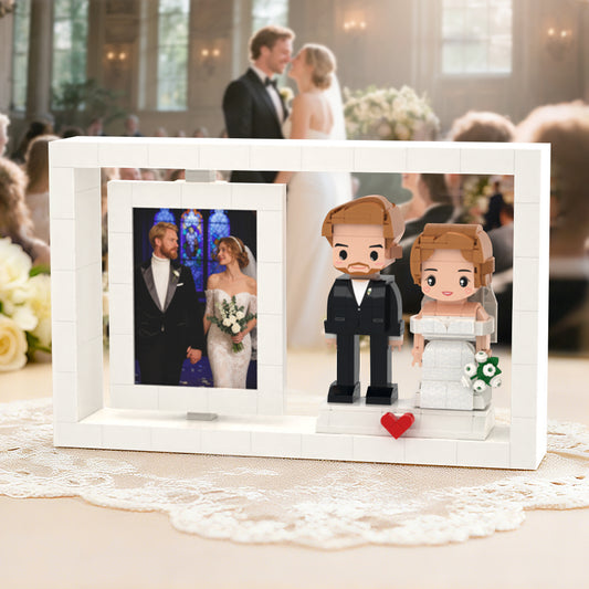 MadeMine Cute Face full body brick figures of two people with a photo frame, wedding edition, realistic and detailed toy collectibles.