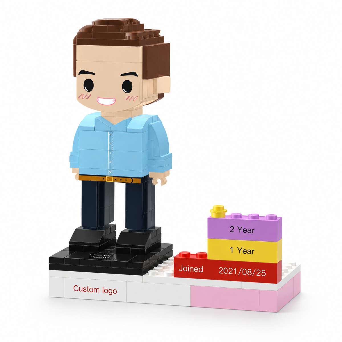 MadeMine personalized employee award brick figure with custom name, logo, and date, used as a corporate recognition gift.