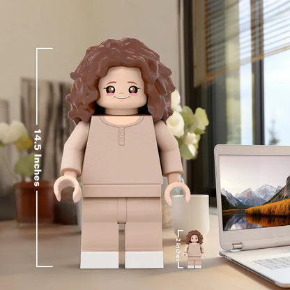 Custom 3D printed giant Minifigs by MadeMine showcasing personalized minifigures based on a photo, perfect for gifts.