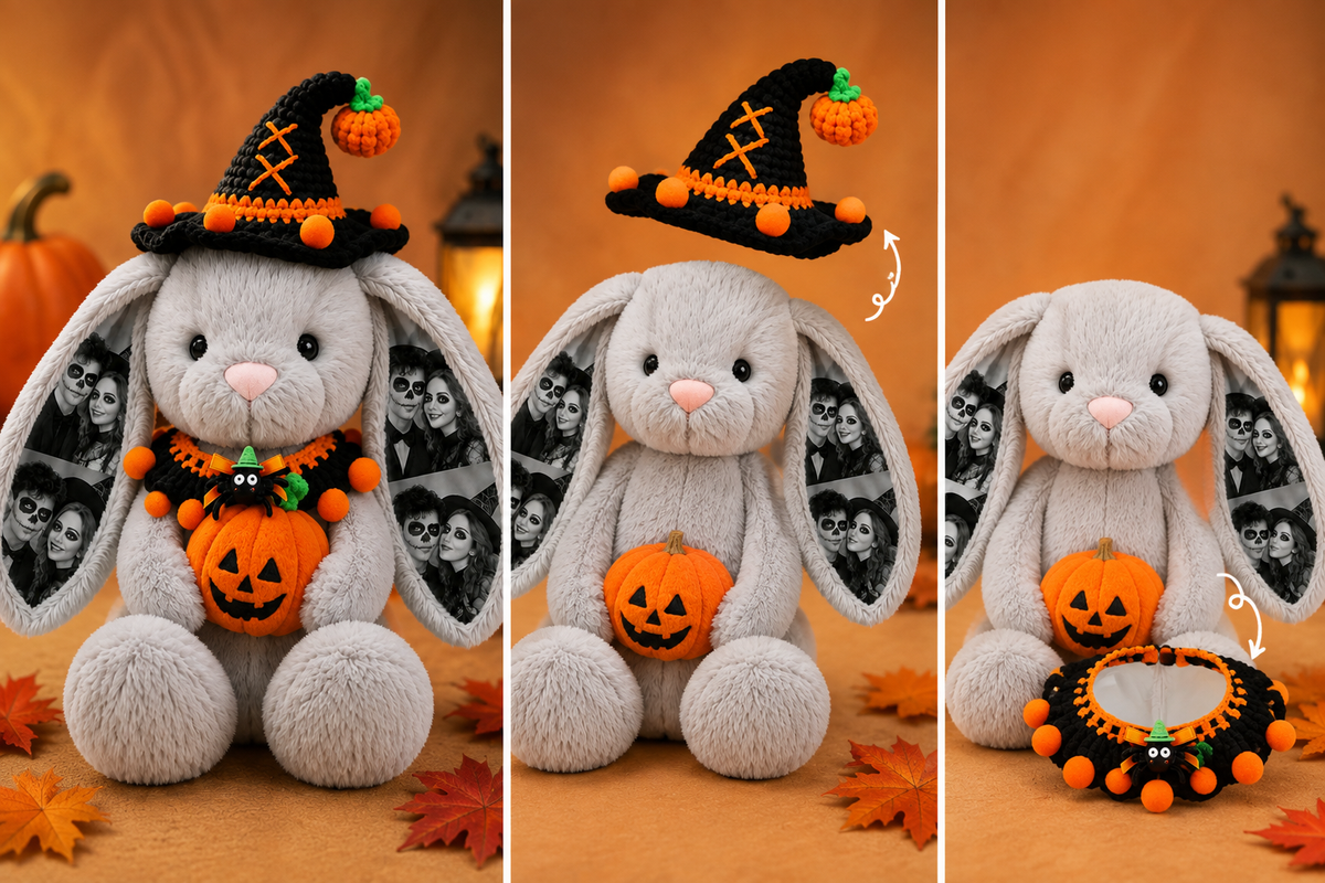 MadeMine Deluxe Halloween Bunny plush with personalized photo ears, pumpkin, witch hat, and Halloween bib, perfect for couples.