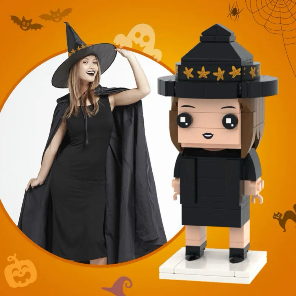 Figuras de ladrillo personalizadas de cuerpo completo para 1 persona, bloques de partículas pequeñas, figuras de brujas de ladrillo, regalos de Halloween, juguete de bloques de partículas pequeñas personalizado.