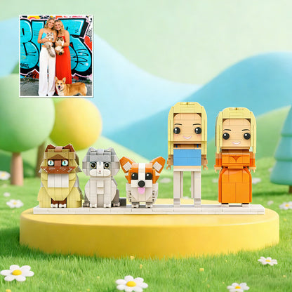 Custom Full-Body Brick Figures of 2 People, 1 Dog & 2 Cats