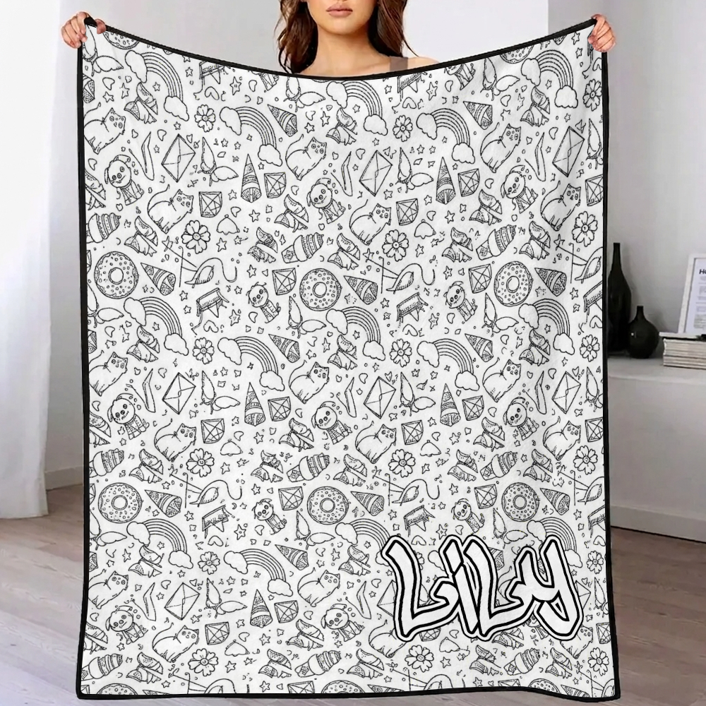 MadeMine DIY drawing and custom text blanket with 24-color markers, washable keepsake blanket for kids and adults, featuring colorful artwork.