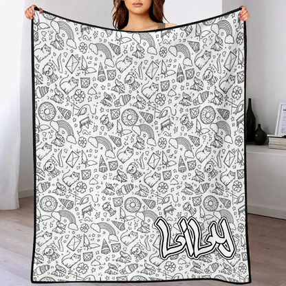 MadeMine DIY drawing and custom text blanket with 24-color markers, washable keepsake blanket for kids and adults, featuring colorful artwork.