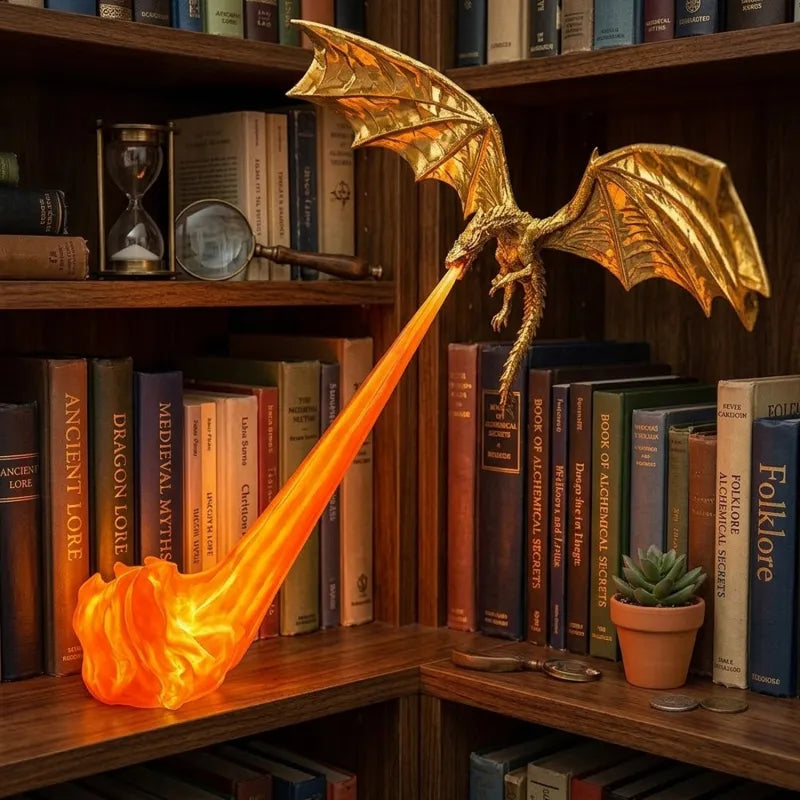 MadeMine Halloween Dragon Flame Book Nook with glowing LED fire dragon, spooky fantasy bookshelf insert for haunted home decor.