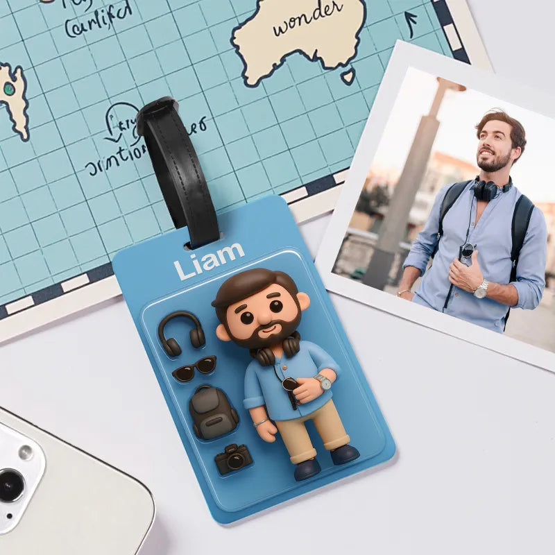 MadeMine fully body 3D cartoon character luggage tag with photo and name, travel accessory for easy identification and fun style