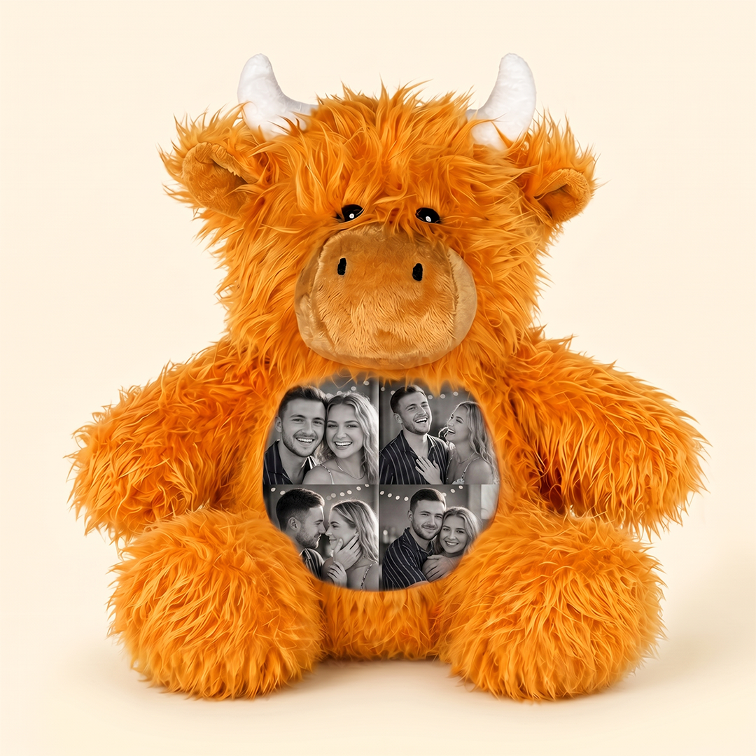 Personalized Highland Cow plush toy from MadeMine with custom 4-photo gift display, soft and cuddly plush animal.