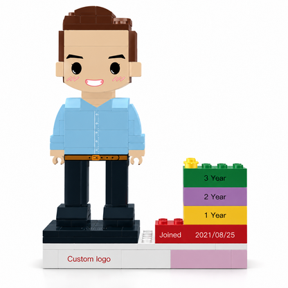 MadeMine personalized employee award brick figure with custom name, logo, and date, ideal for corporate recognition gifts.
