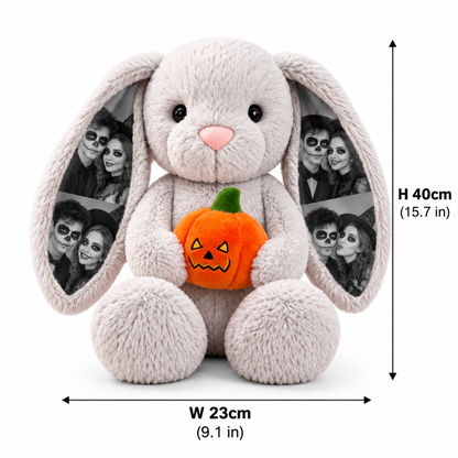 MadeMine Custom Photo Deluxe Halloween Bunny plush with personalized photo ears, pumpkin, witch hat, and Halloween bib for couples.