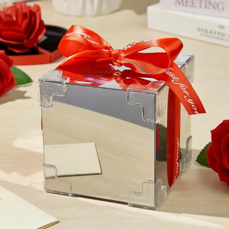 Custom photo tulip infinity mirror box by MadeMine featuring a personalized light gift with a floral tulip design and intricate mirror details.
