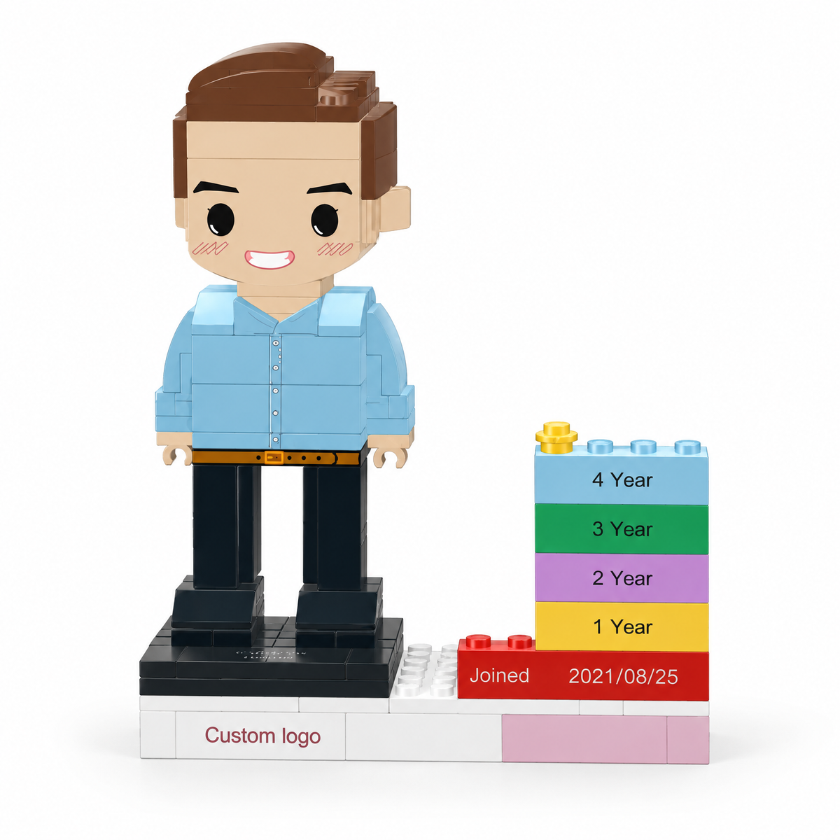 MadeMine personalized employee award brick figure with custom name, logo, and date, perfect for corporate recognition gifts.