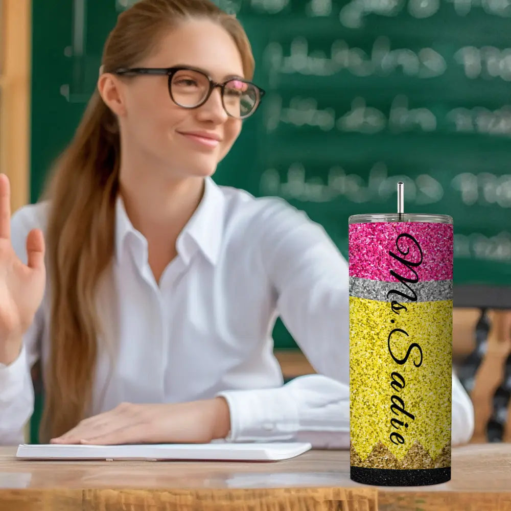 Personalized Glitter Apple Teacher Tumbler – 20oz Skinny with Lid & Straw
