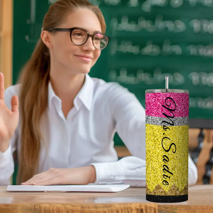 Personalized Glitter Apple Teacher Tumbler – 20oz Skinny with Lid & Straw