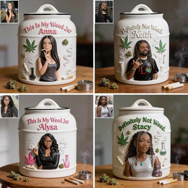 Personalized ceramic cannabis stash jar with lid, custom weed storage container by MadeMine for smokers.