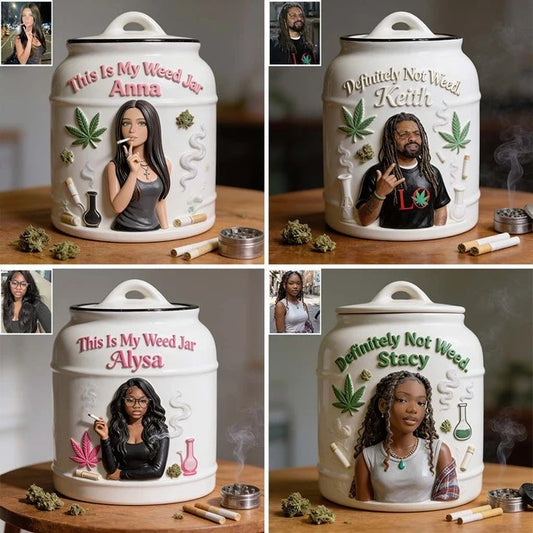 Personalized ceramic cannabis stash jar with lid, custom weed storage container by MadeMine for smokers.