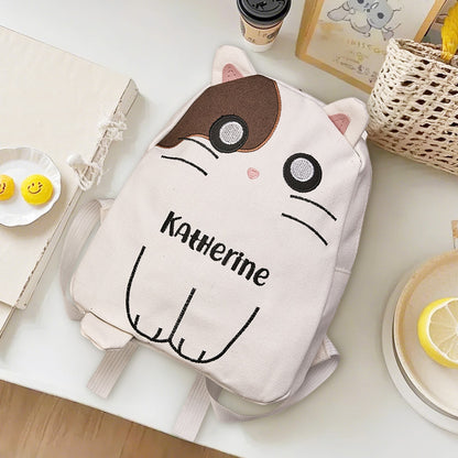 MadeMine personalized cat embroidery backpack for kids with custom name, durable school bag suitable for children.