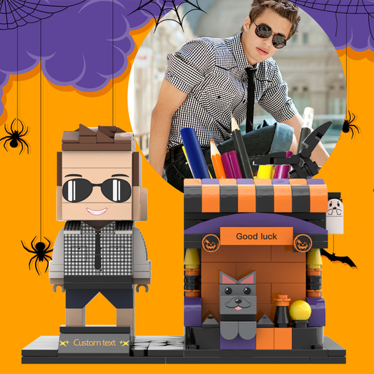 MadeMine Halloween-themed custom brick figures and pet pen holder, featuring personalized brick figures and a pen holder design.