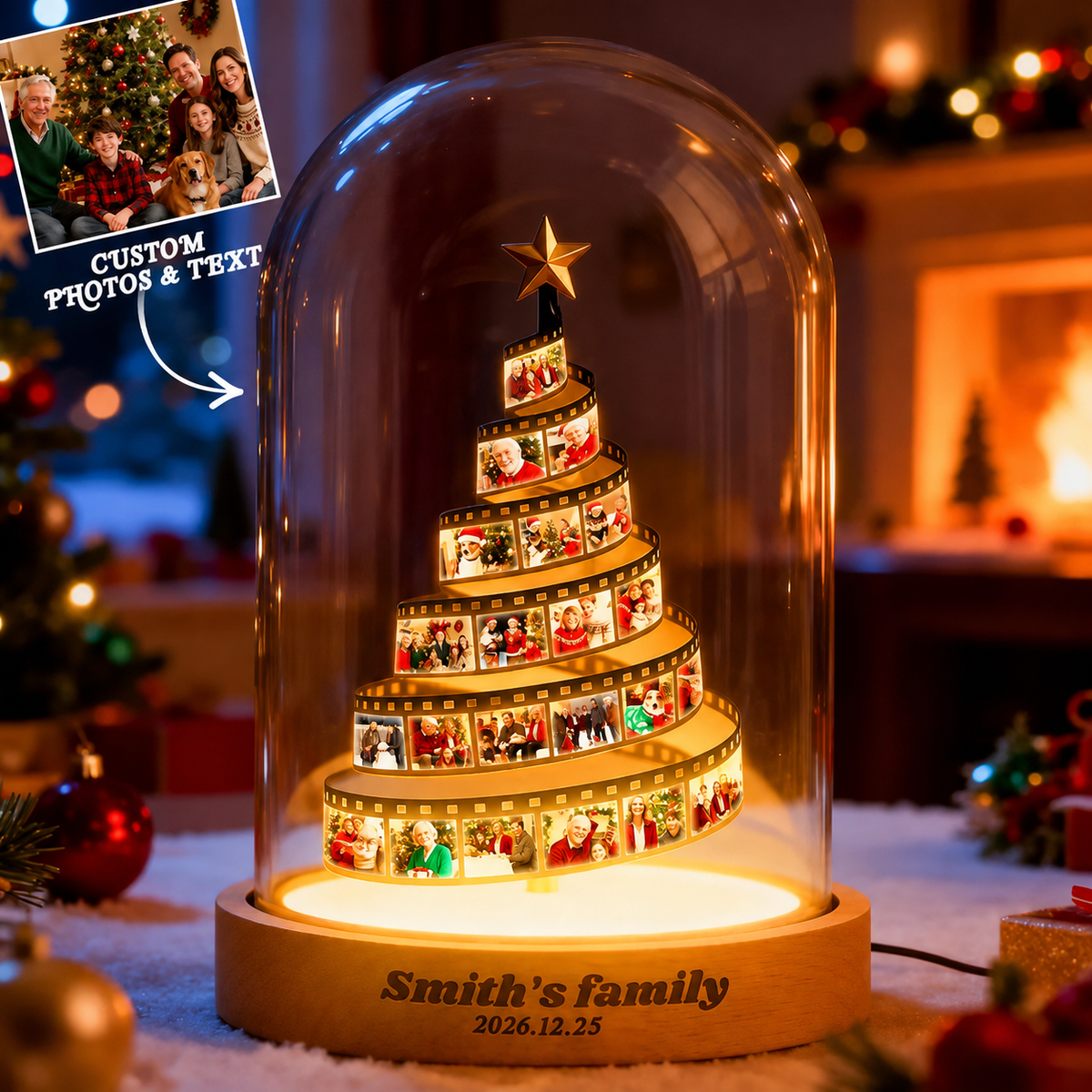 MadeMine custom photo film Christmas tree night light with personalized family photo and engraved wood base, holiday keepsake accessory.