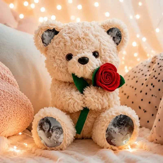 Custom plush Teddy Bear with a rose, personalized photo teddy bear toy by MadeMine, soft plush plush toy with a photo imprint.