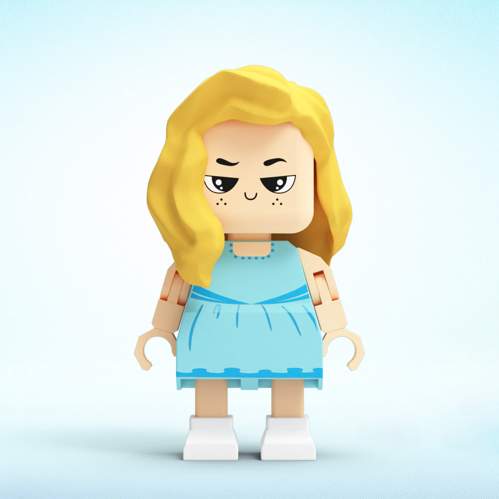 Fully customizable cute giant Minifig made by MadeMine, featuring a full-body brick figure ideal for personalized gifts for girls.
