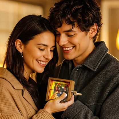MadeMine personalized photo flipbook frame with hand-crank animation box and light, showcasing a custom photo display with moving images.