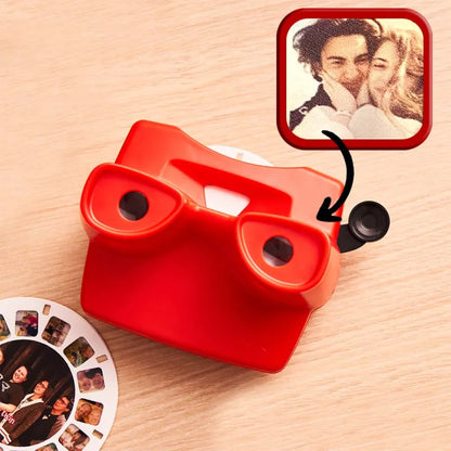 Custom 3D viewfinder with reel from MadeMine displaying a personalized photo viewer with vibrant images and clear viewing window.