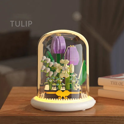 Blue Enchanted Rose Bouquets DIY flower building set by MadeMine with dust cover, ideal for birthdays and Valentine's gifts.