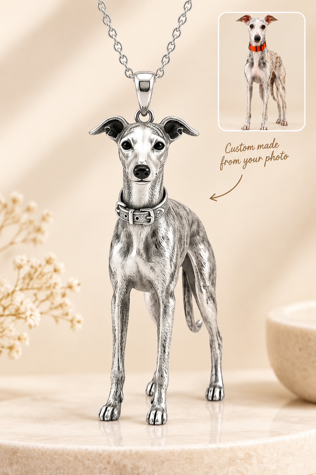 Personalized 3D pet portrait necklace in sterling silver featuring a custom dog and cat memorial pendant by MadeMine.