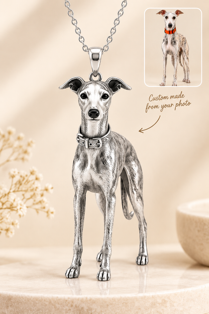 Personalized 3D pet portrait necklace with sterling silver pendant featuring custom dog and cat memorial design.