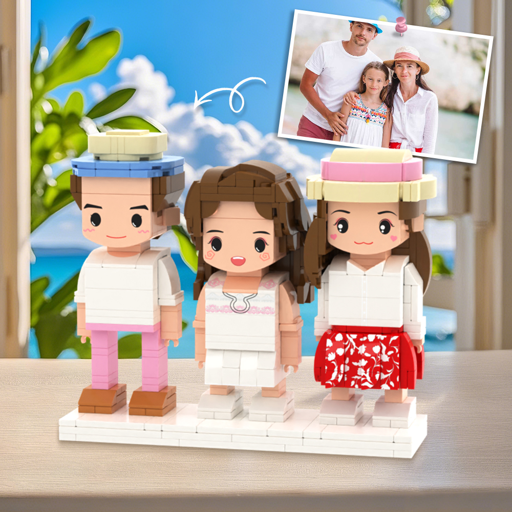 Customizable MadeMine fully body brick figures for 1-4 people, showing personalized minifigure designs on a white background.