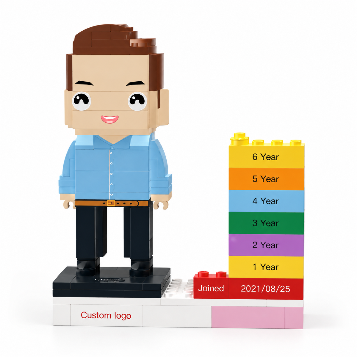 Personalized MadeMine employee award brick figure with custom name, logo, and date for corporate recognition or gift.