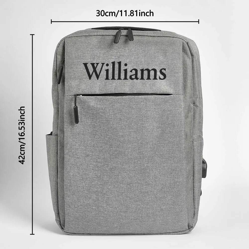 MadeMine personalized name laptop backpack for men and women, fits 15.6-inch laptops with adjustable straps and front pocket.
