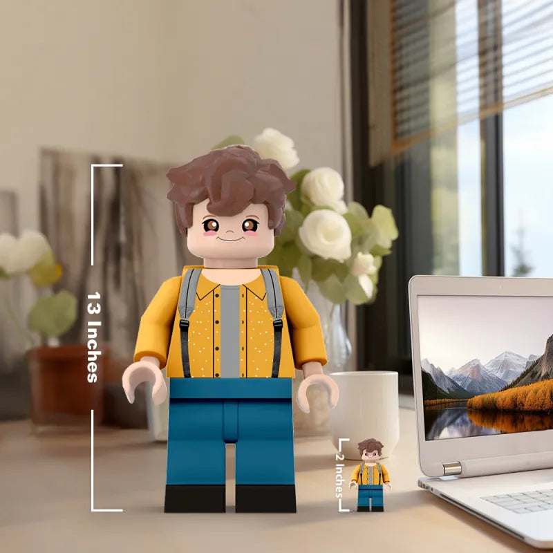 Custom 3D printed giant Minifig with personalized photo, made by MadeMine, perfect for gifts and unique collectibles.