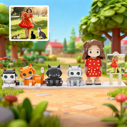 Custom Full-Body Cute Brick Figures – 1 Person & 4 Cats – With Photo Frame