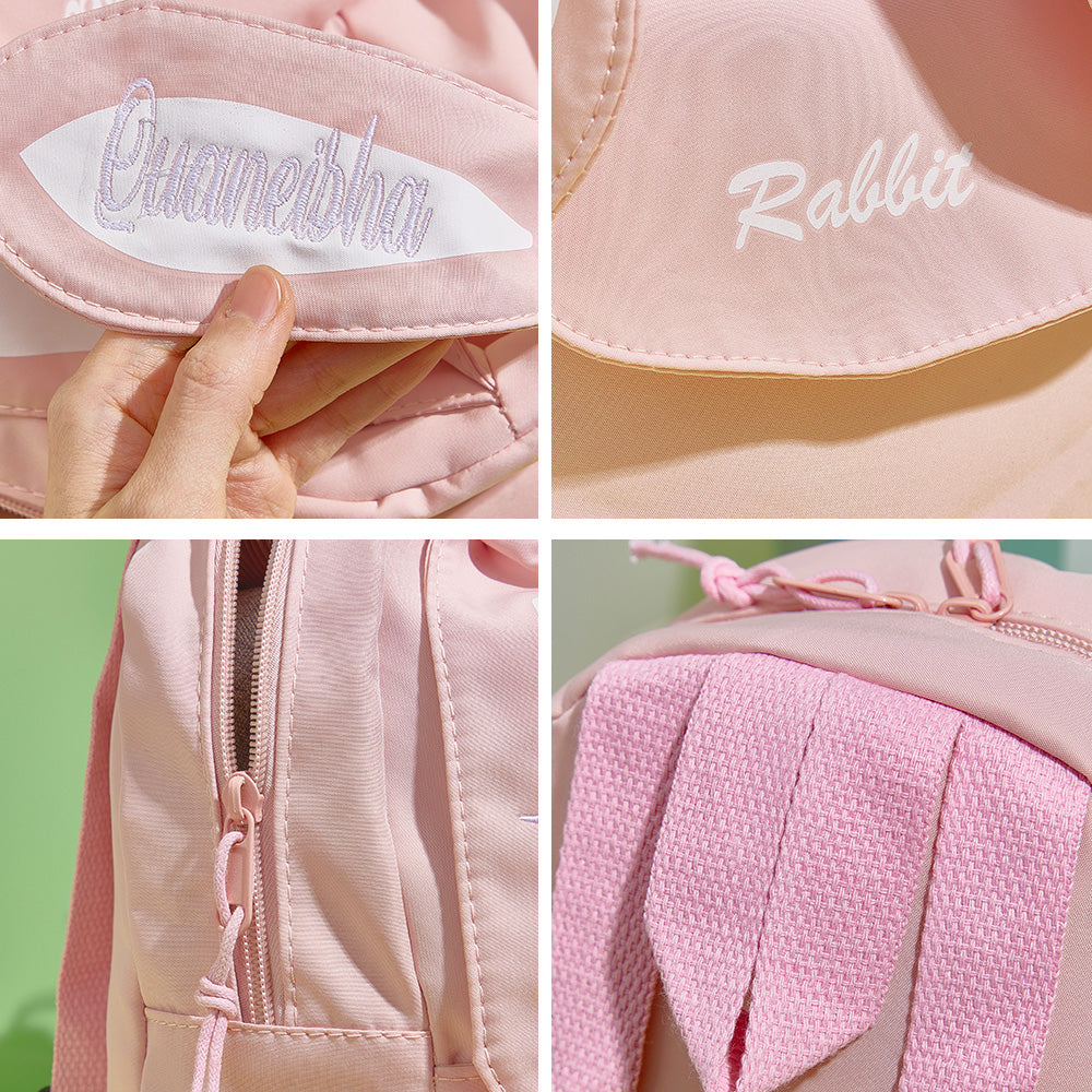 MadeMine personalized mini rabbit embroidery backpack for kids with custom name, ideal for school or as a gift, featuring adorable rabbit design.