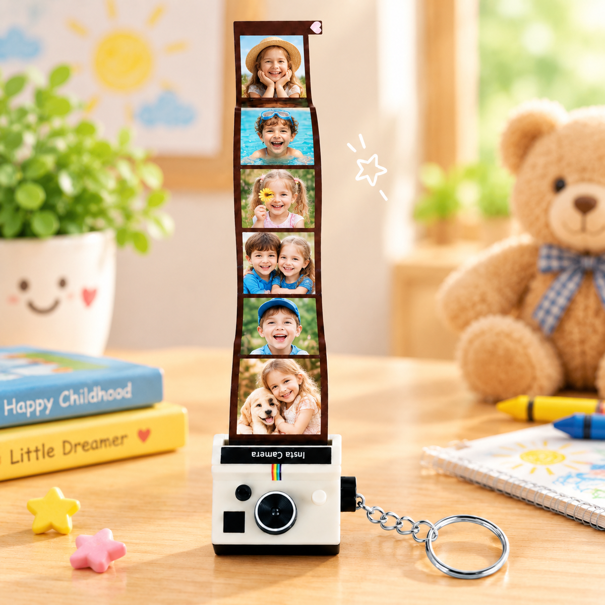 Personalized MadeMine camera keychain for kids featuring a mini film camera with space for 5–10 photos, compact and decorative.