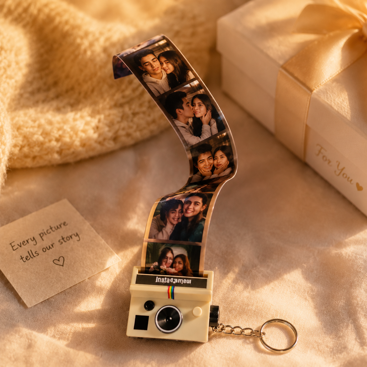 MadeMine personalized photo film camera keychain with mini camera design and space for 5-10 photos, showing a compact, customizable accessory.