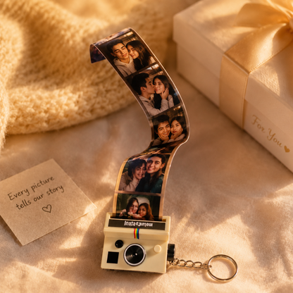 MadeMine personalized photo film camera keychain with mini camera design and space for 5-10 photos, showing a compact, customizable accessory.