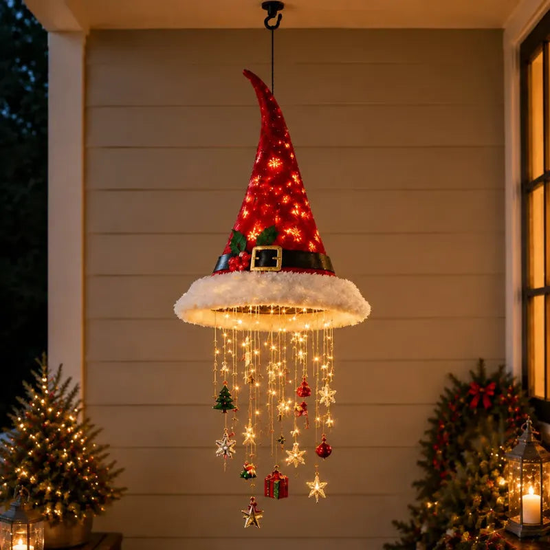 MadeMine LED light-up witch hat hanging decor with glowing accents, perfect for Halloween and Christmas decorations.