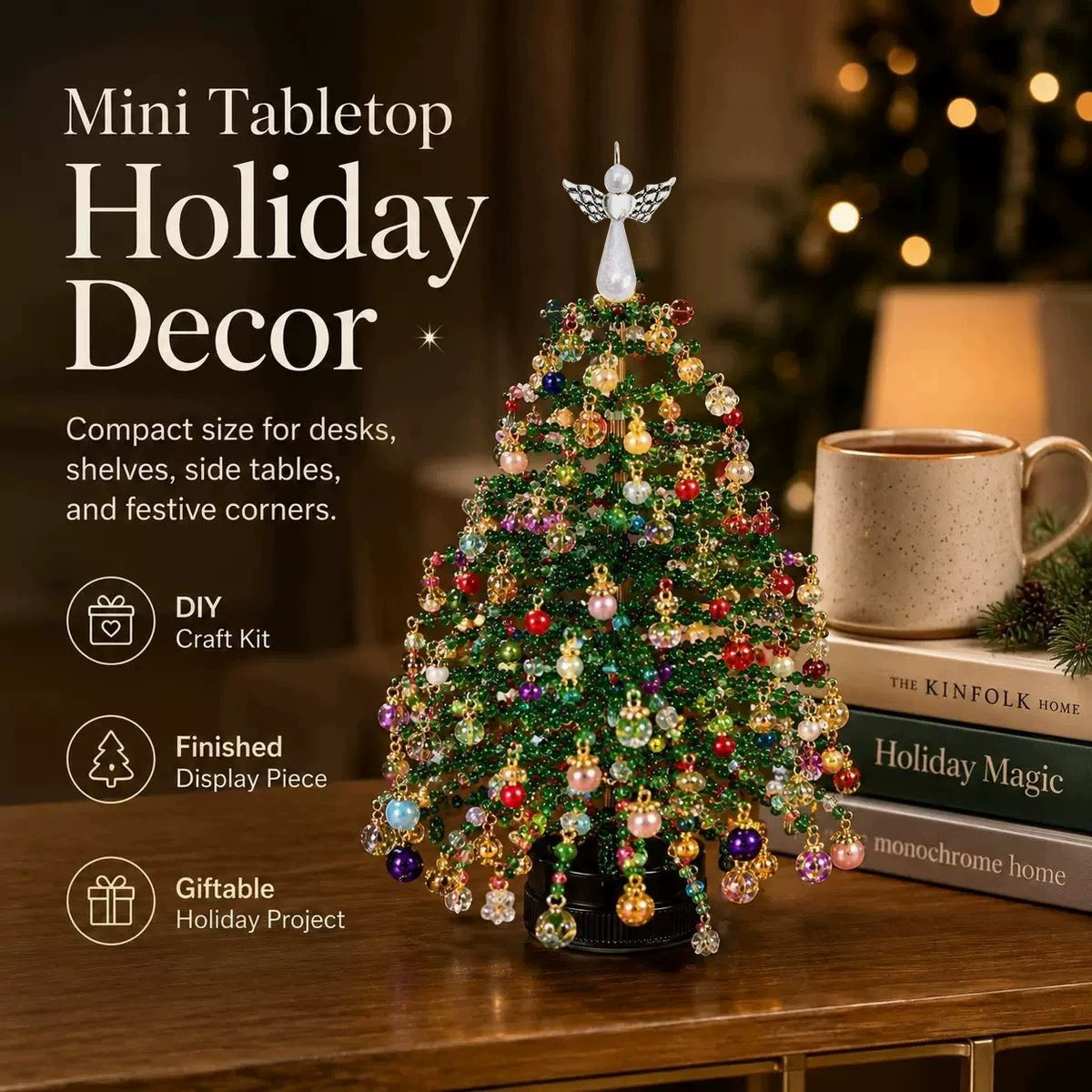 MadeMine DIY beaded holiday tree kit with colorful beads, perfect for handmade Halloween and Christmas decorations.
