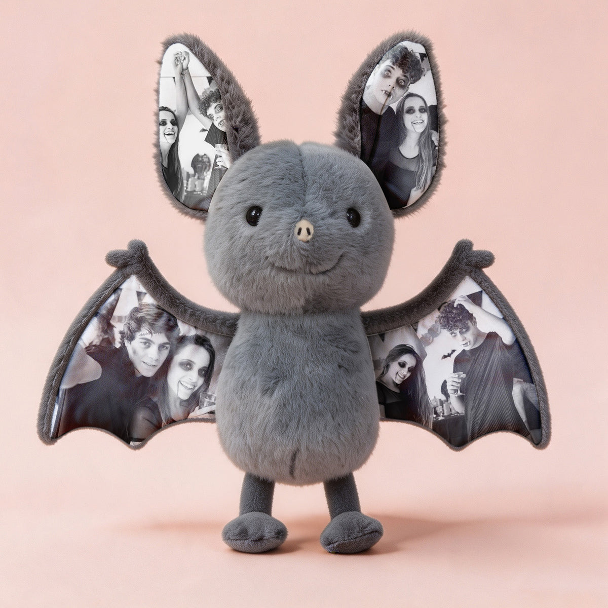 Custom MadeMine photo bat plush with personalized picture, perfect for Halloween gift, soft plush toy with printed photo design.