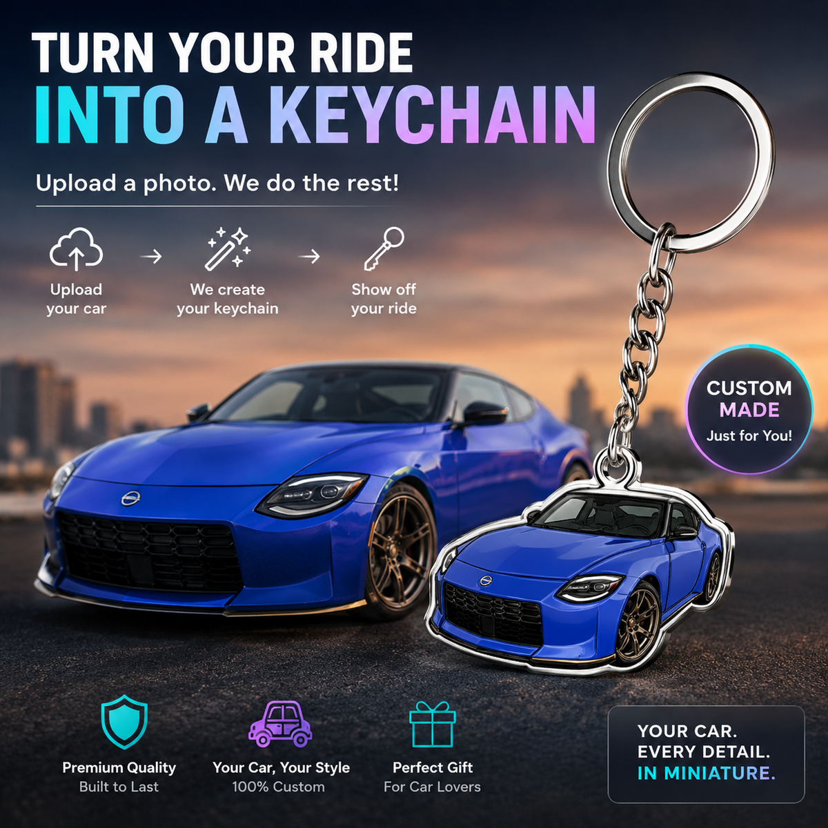 Personalized acrylic car-shaped keychain with custom photo, made by MadeMine, featuring a clear vehicle-shaped design.