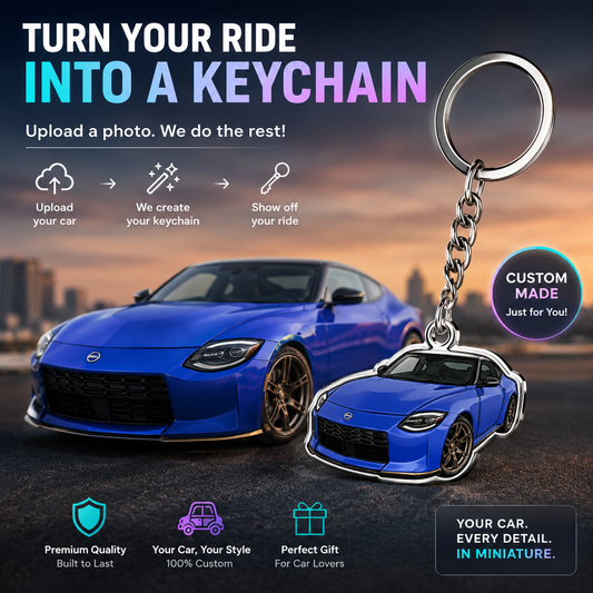 Personalized acrylic car-shaped keychain with custom photo, made by MadeMine, featuring a clear vehicle-shaped design.