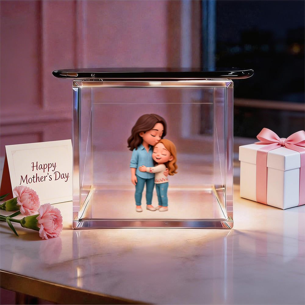 3D cartoon hologram gift from MadeMine showing a double-person holographic image with high-transmittance holographic material for Mother's Day