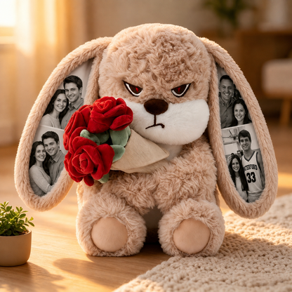 MadeMine personalized grumpy bunny plush with custom photo ears and roses, perfect romantic gift for couples.