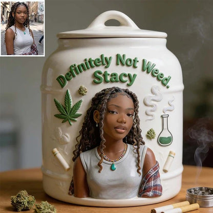Personalized ceramic cannabis stash jar with lid, custom design, ideal for storing weed, by MadeMine.