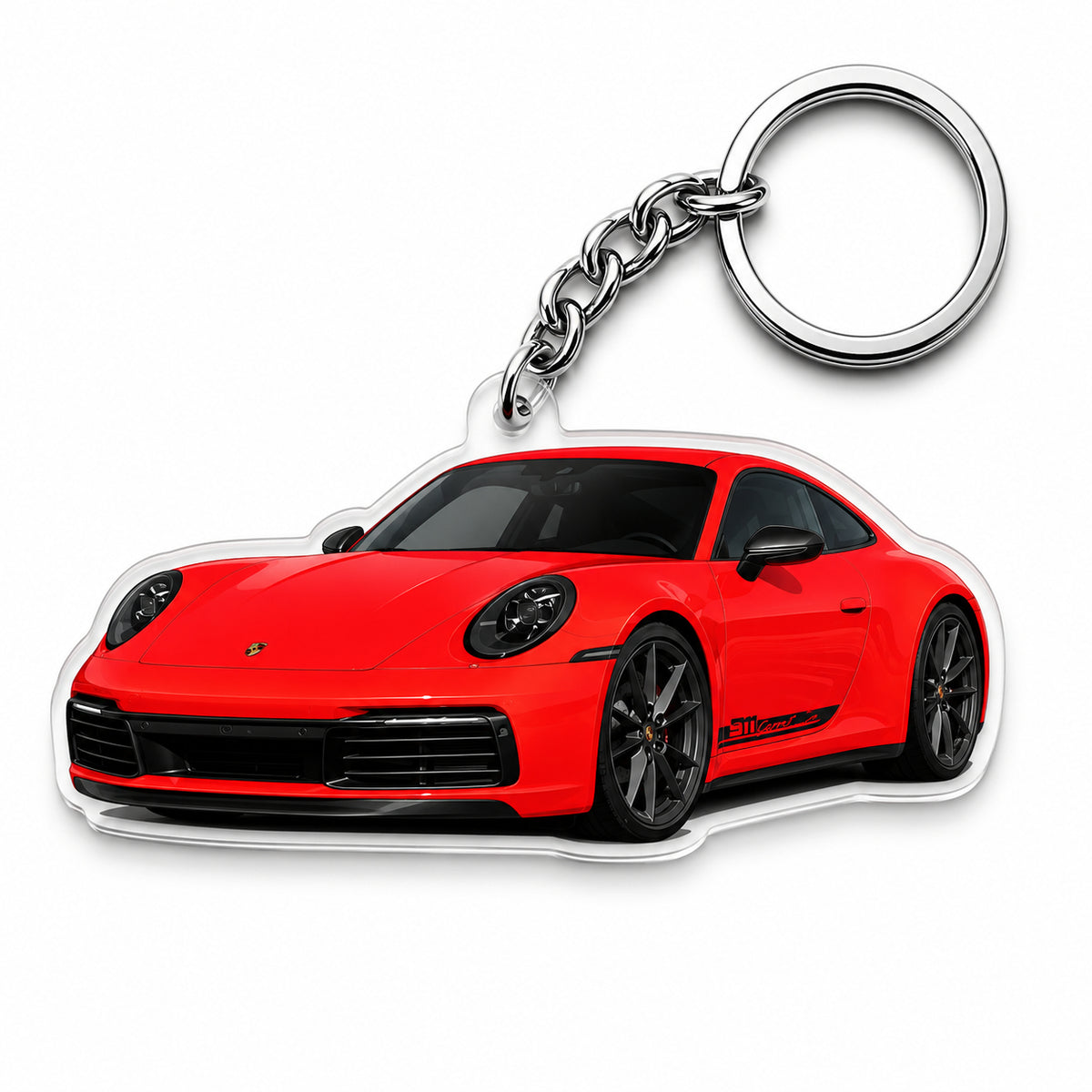 Custom acrylic car-shaped keychain with personalized photo, MadeMine brand, featuring a clear vehicle shape with a custom photo insert.