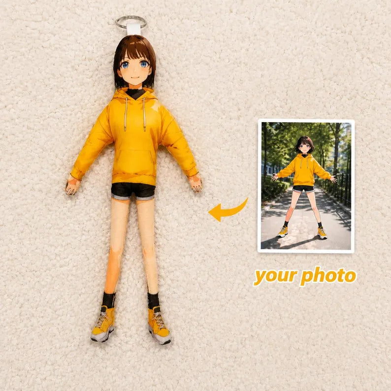 MadeMine full-body custom Mini Me doll in personalized pose, showcasing detailed features and realistic design as a photo gift.