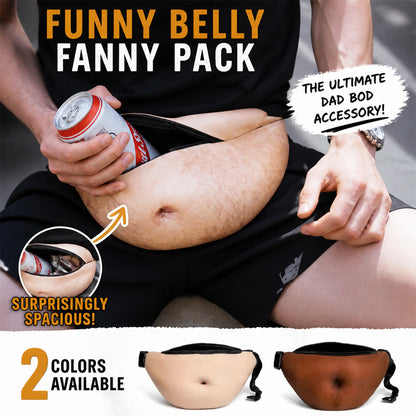 MadeMine funny body print fanny pack with realistic abs and belly design, waist bag perfect for novelty joke gift or fun accessory.