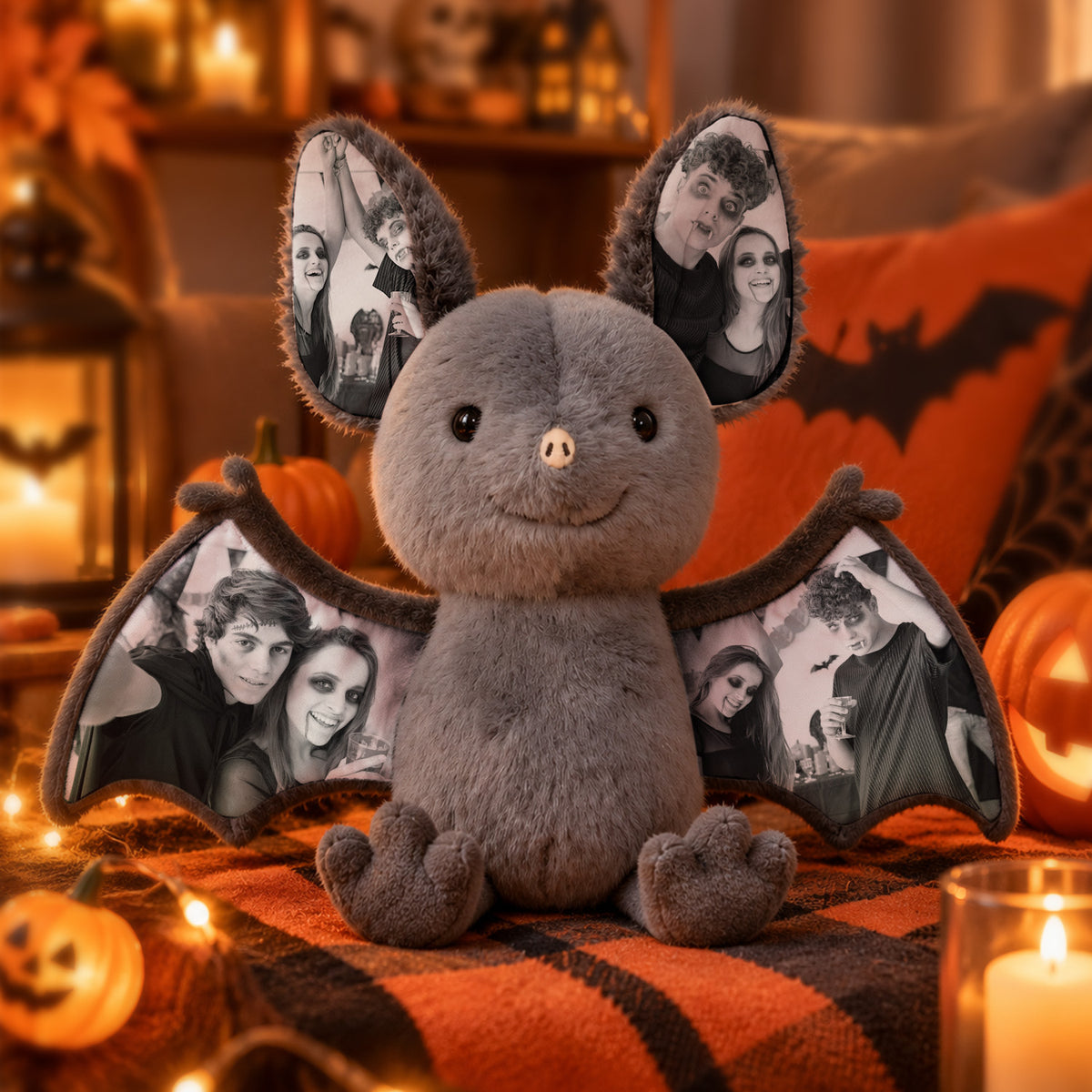 MadeMine personalized photo bat plush toy with custom Halloween design, soft fabric, and printed photo on its body.